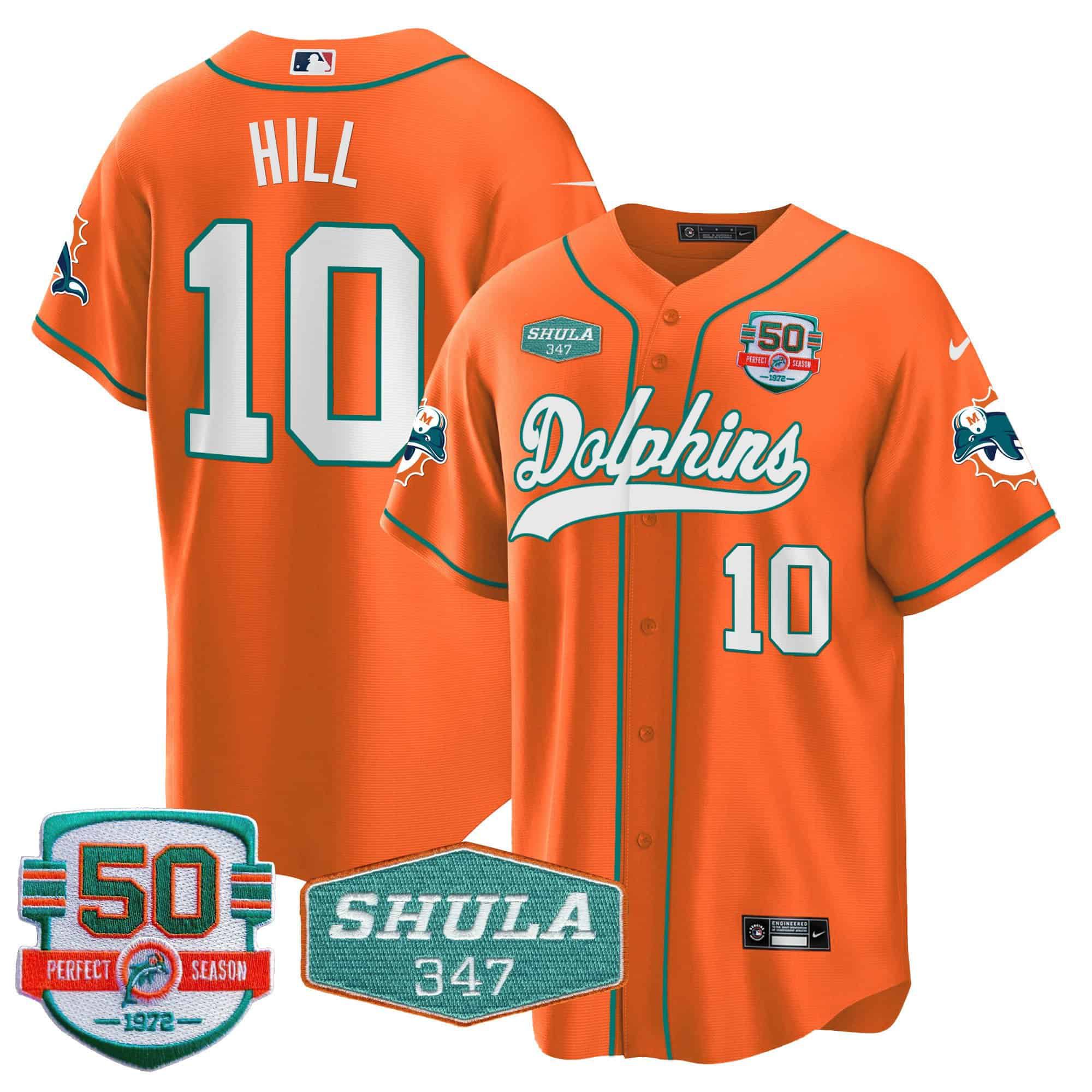 Men Miami Dolphins #10 Hill Orange 2024 Nike 50th Don Shula Memorial Patch Baseball NFL Jersey